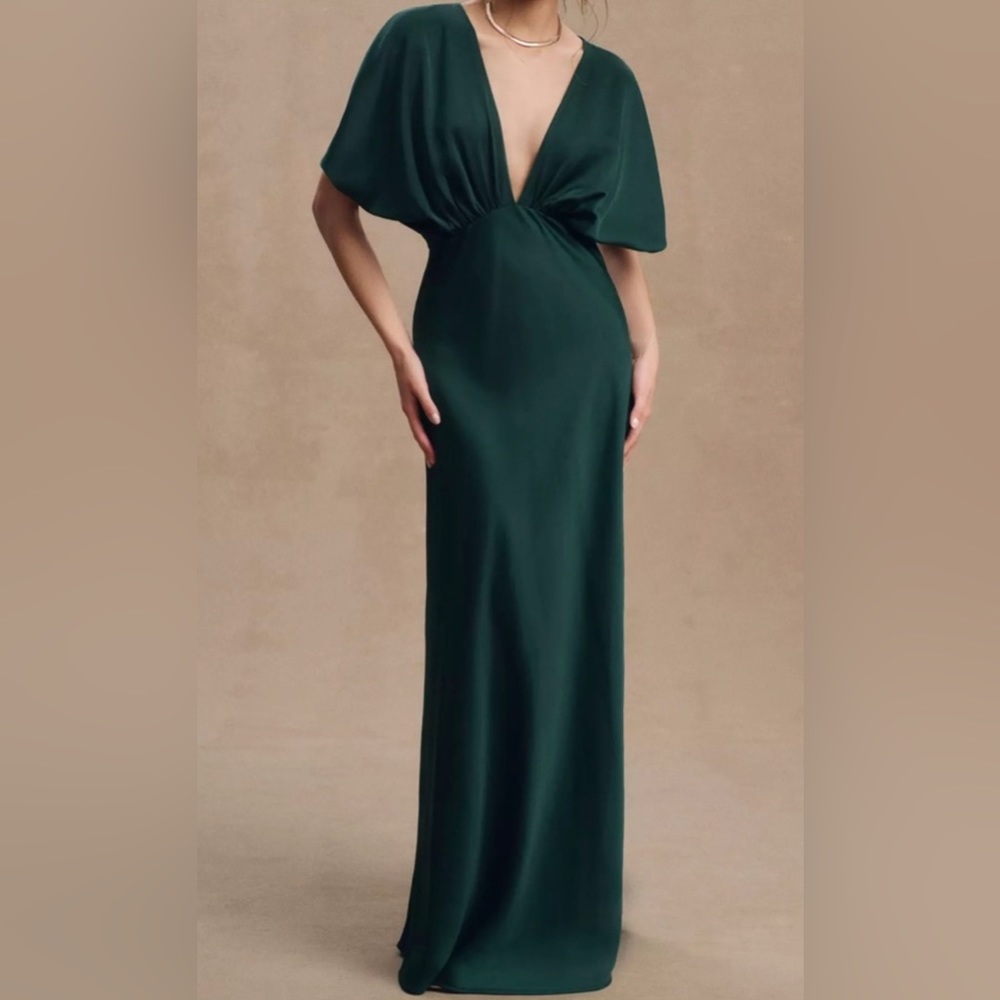 Anthropologie Dark Emerald Deep-V Flutter-Sleeve Satin A-Line Gown
